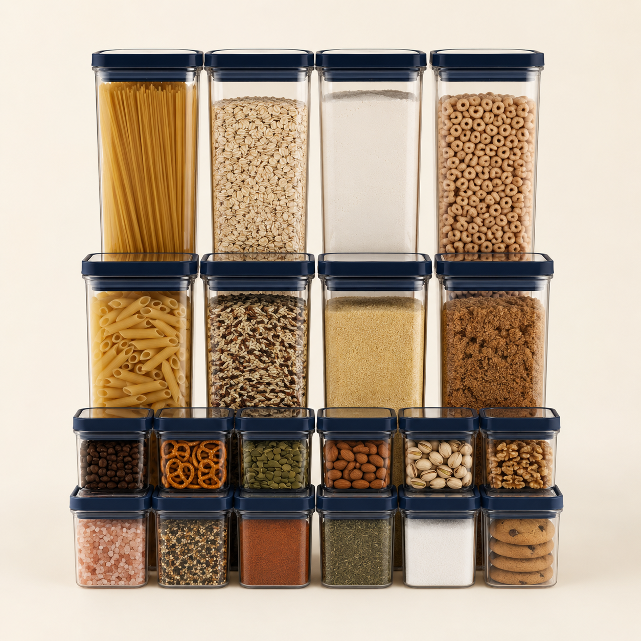 24-piece clear pantry container set with navy lids