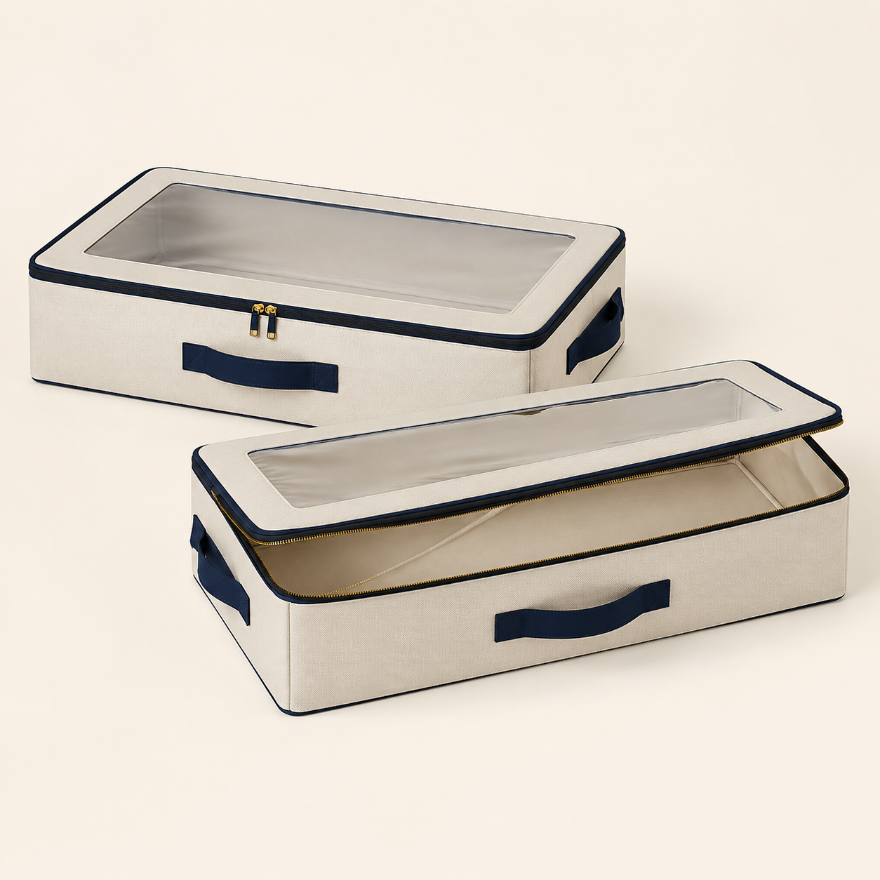 Two ivory under-bed storage boxes with navy trim and clear windows