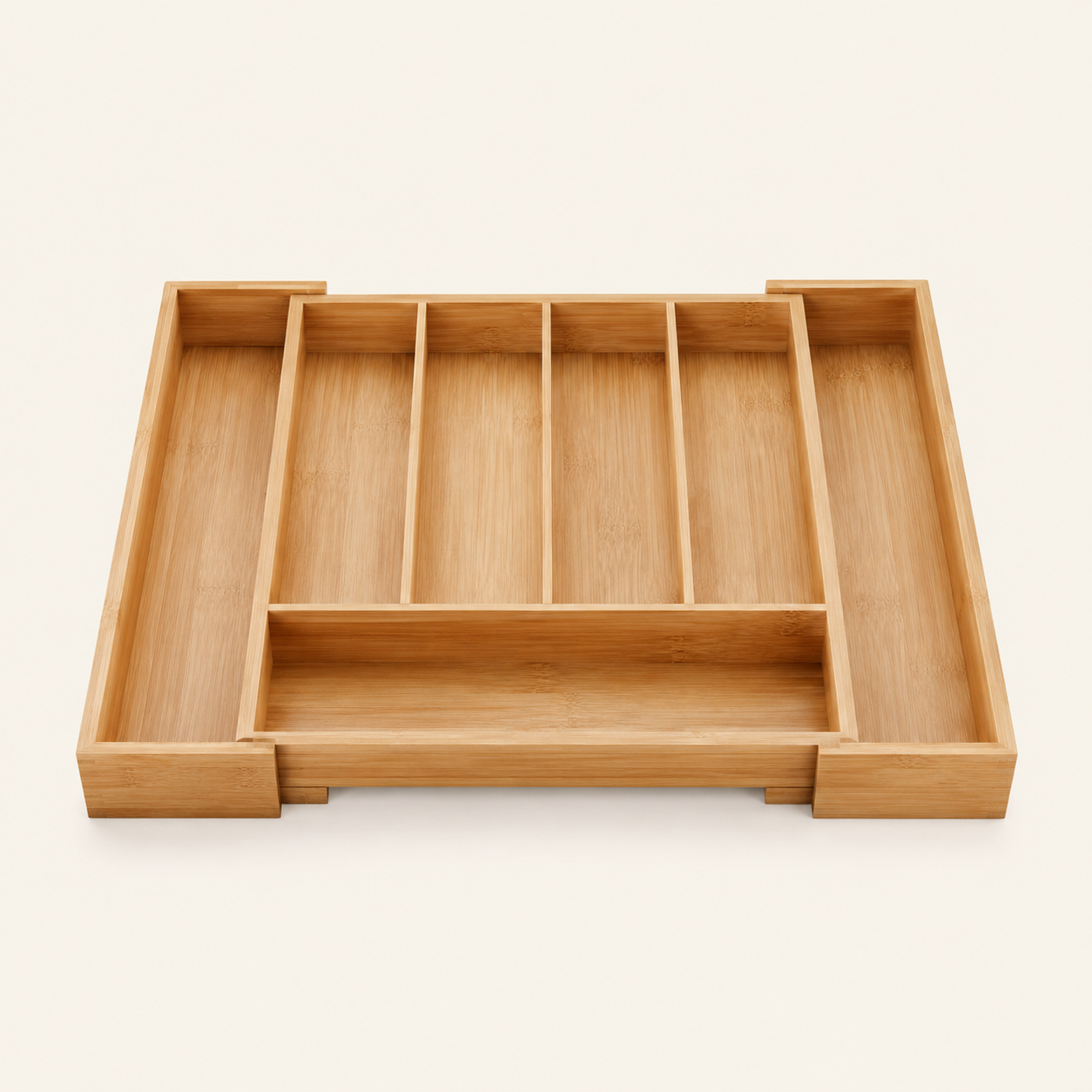 Expandable bamboo cutlery tray with seven compartments