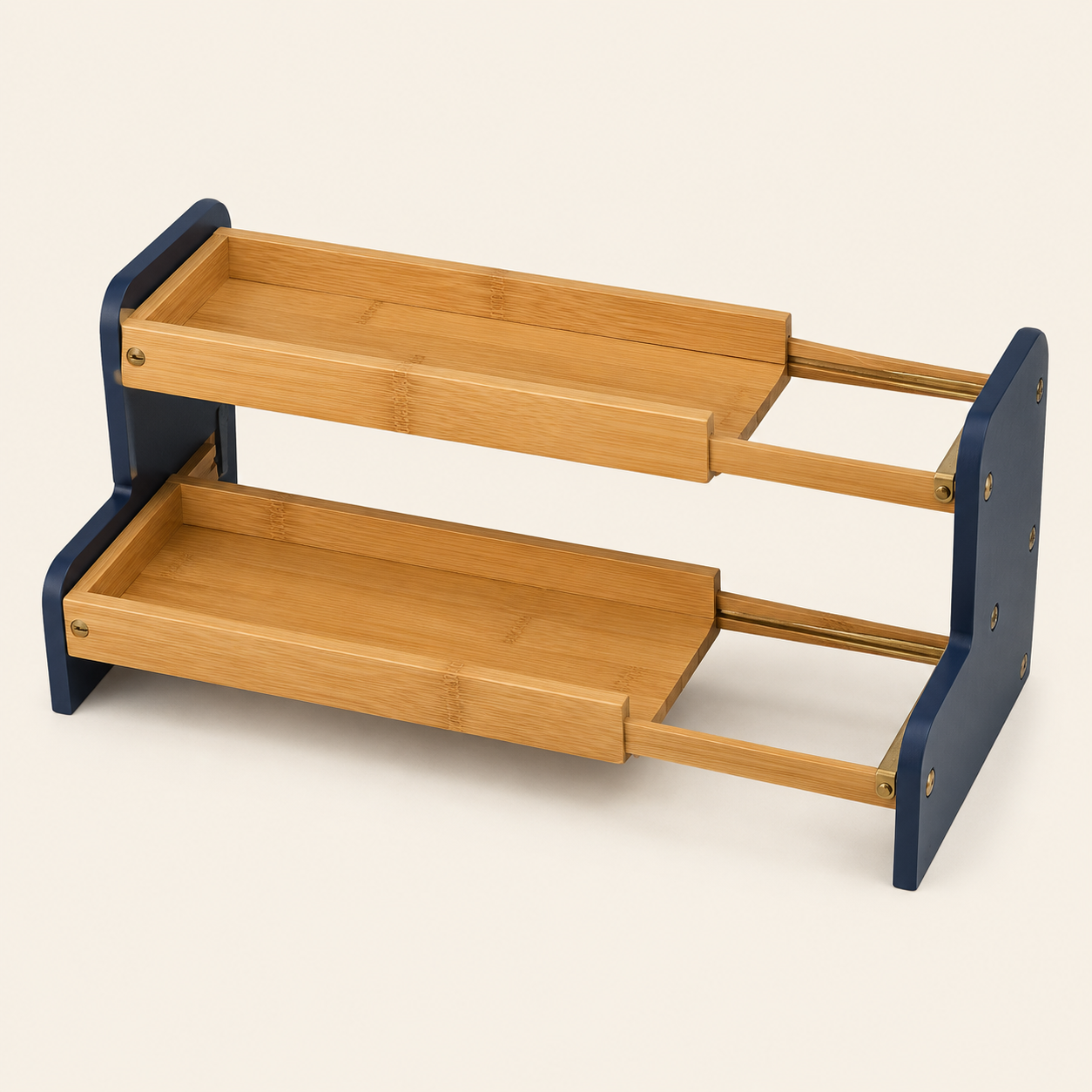 Expandable two-tier bamboo spice rack with navy sides