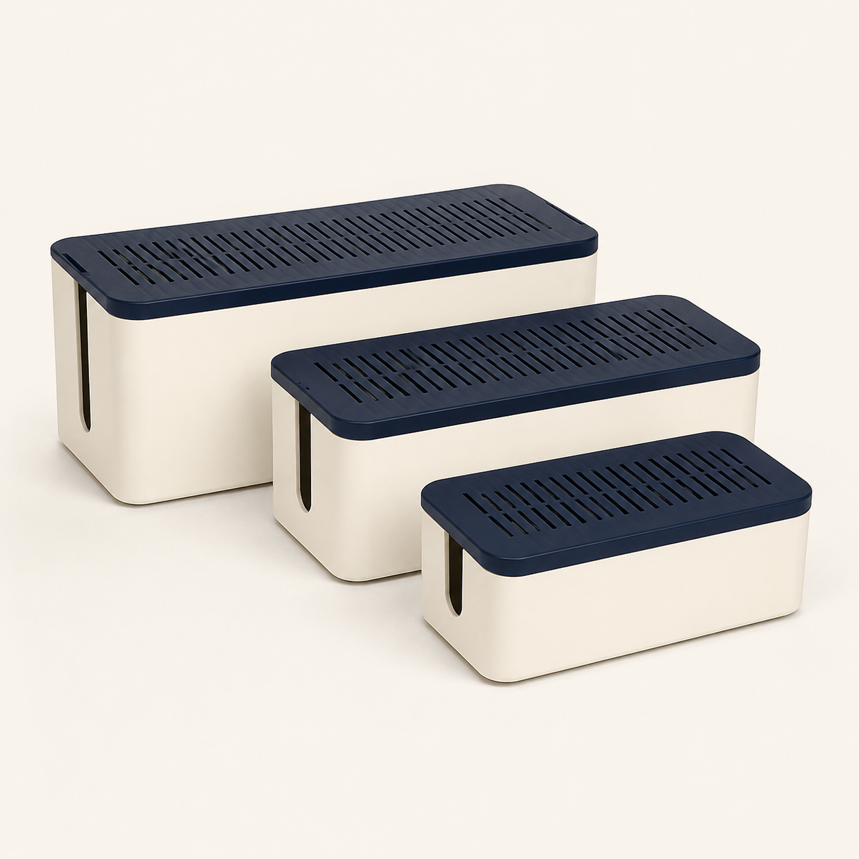Three ivory cable management boxes with navy ventilated lids