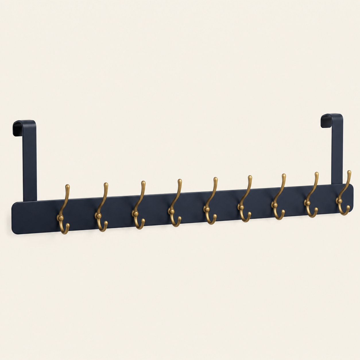 Navy over-door rail with ten brass-colour hooks