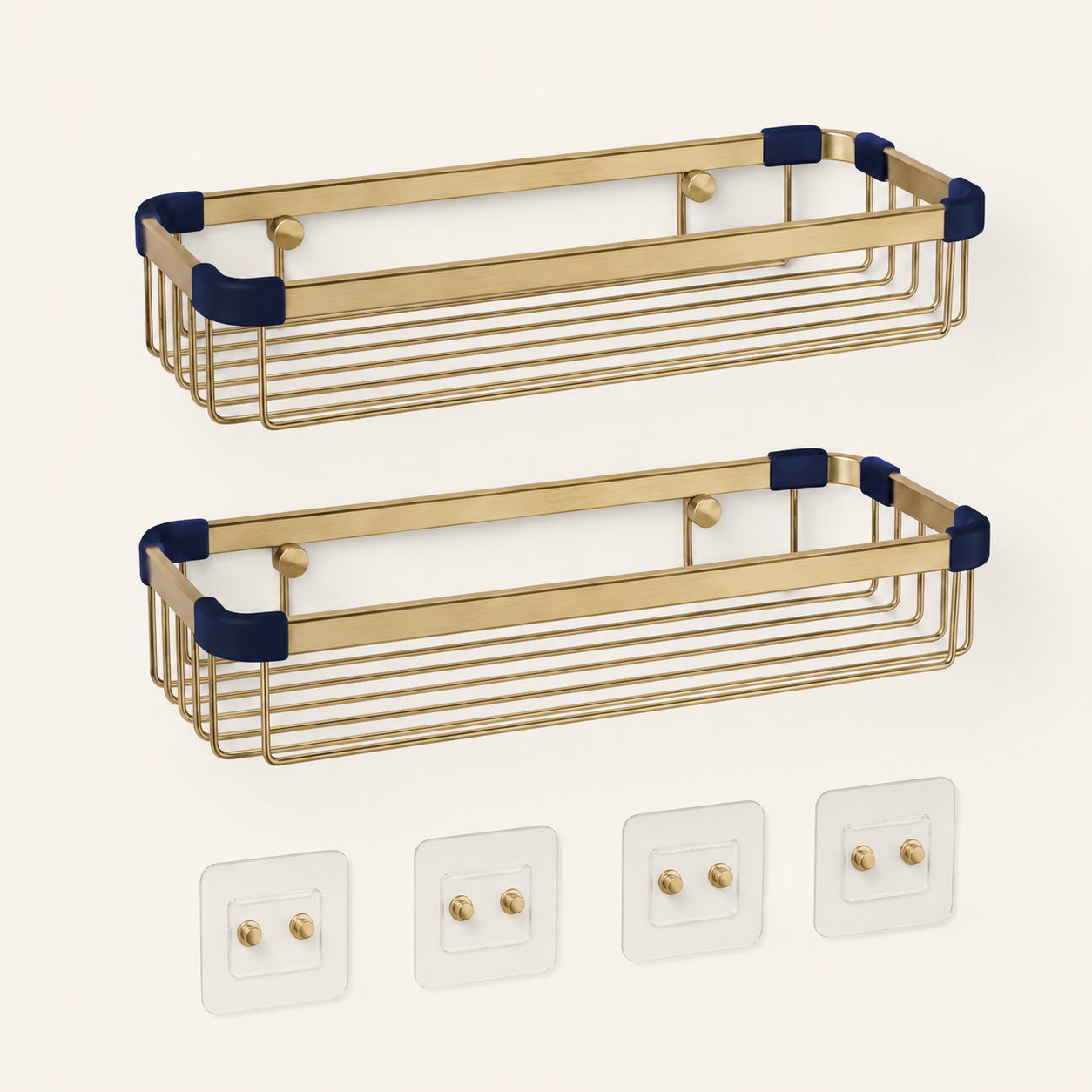 Two brass-finish shower caddies with navy corner guards